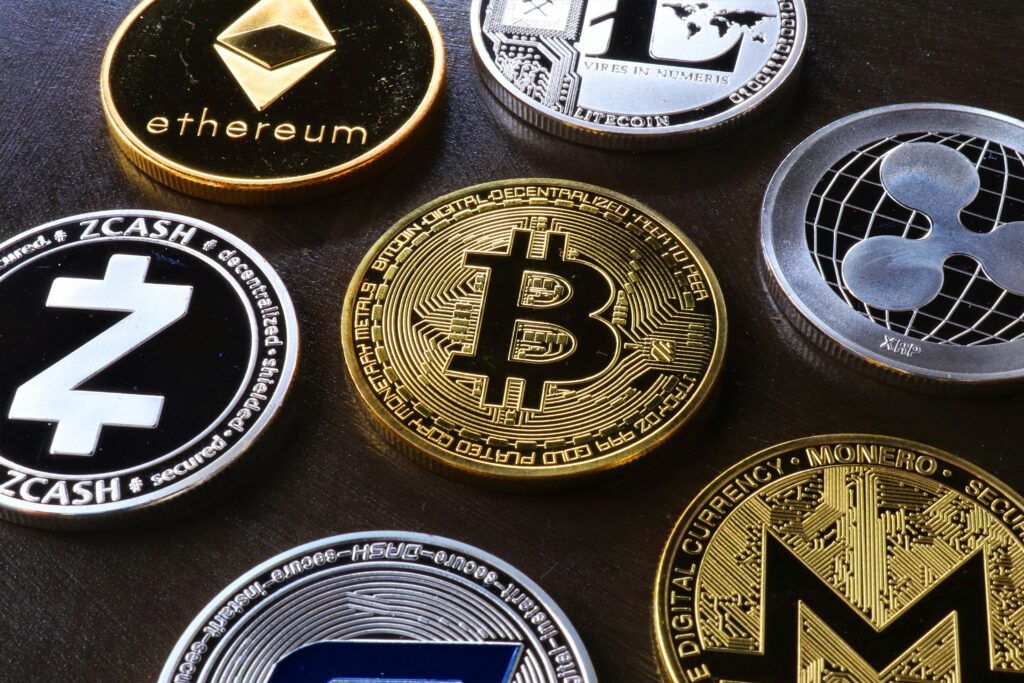 A visual representation of crypto currencies like Bitcoin or Ethereum logos juxtaposed with a crossed-out central bank symbol.